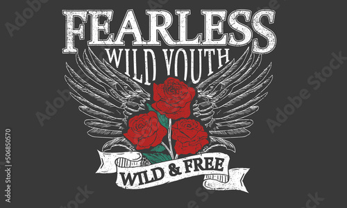 Rose and eagle wing  t-shirt design. Wild vector graphic print design for apparel, stickers, posters, background and others. Rock and roll tour vintage artwork.