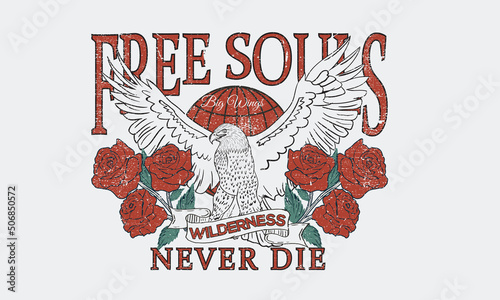 Free souls vector print design. Eagle and flower artwork for posters, stickers, background and others. Bird and rose illustration.
