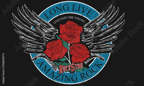 Rose rock and roll t-shirt design. Flower and eagle wing rocking vector graphic print design for apparel, stickers, posters, background and others. Rock tour vintage artwork.