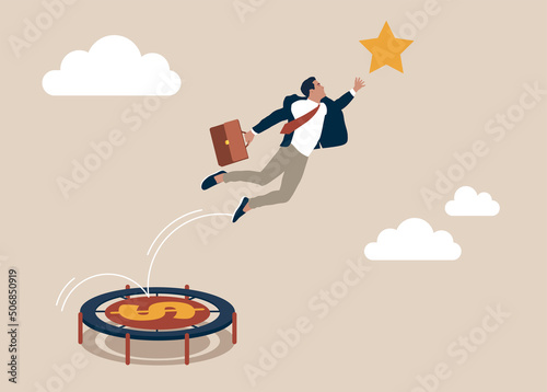 Businessman bounce on trampoline jump flying high to grab star. Reach success, improvement or career development, business tools advantage to reach goal or target, growth and achievement concept.