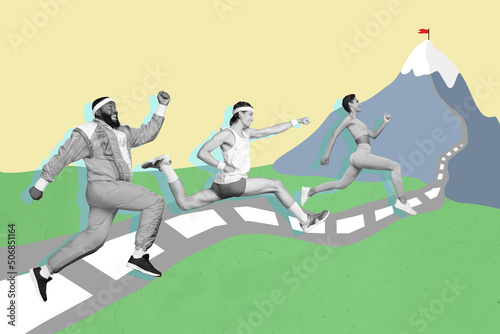 Creative collage image or three people running contest mountain top black white effect