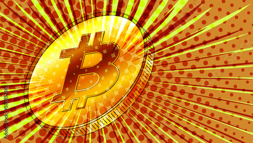 Golden coin Bitcoin BTC styled for the 80s retro with rays in orange color. BTC symbol of modern digital gold and money. Colorful header or banner.