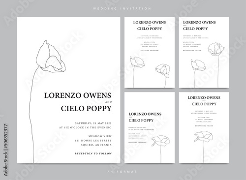 Minimalist wedding invitation template with poppy flower