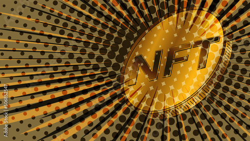 NFT non fungible token golden coin styled for the 80s retro. Pay for unique collectibles in games or art. Colorful header or banner.