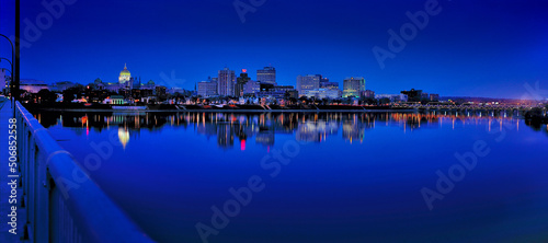 Harrisburg, Pennsylvania on the Susquehanna River at night.