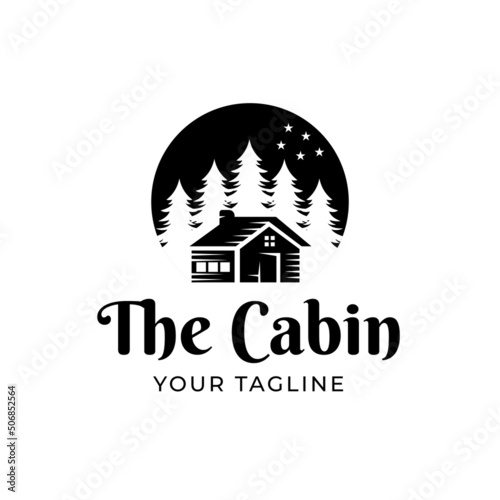 Premium log cabin and pine forest design logo on vintage white background