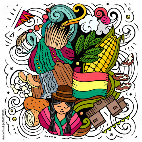 Bolivia hand drawn cartoon doodles illustration.