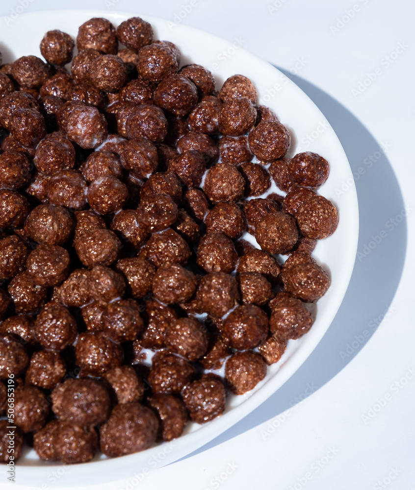 chocolate granules balls in milk in a white plate for breakfast
chocolate granules balls in milk in a white plate for breakfast
