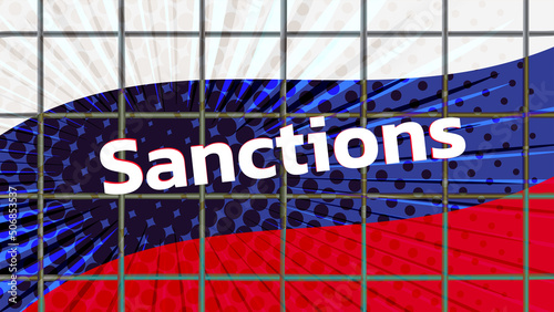 Flag of Russia behind prison bars and word Sanctions. Global restrictions imposed against Russian Federation by the European Union and other countries.