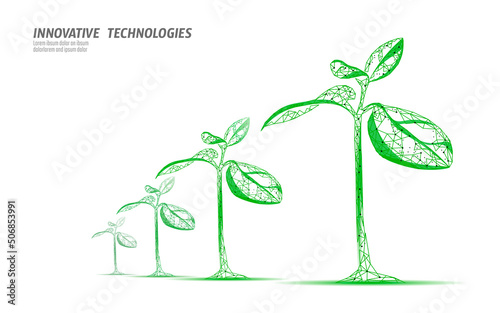Plant sprout ecological abstract concept. 3D render seedling tree leaves. Save planet nature environment grow life eco polygon triangles low poly vector illustration