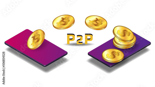 Isometric concept of transferring and converting bitcoin BTC to dollars USD peer to peer P2P using mobile phone isolated on white background. Coins fly over cellphones.