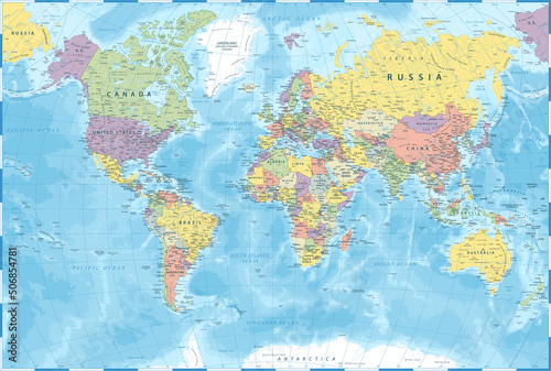 World Map - Color Political - Vector Detailed Illustration photo