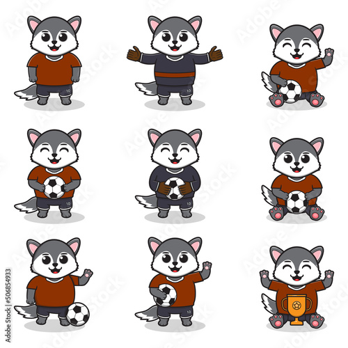 Fototapeta Naklejka Na Ścianę i Meble -  Vector illustration of Wolf characters playing soccer. Cute Wolf mascot playing football. Vector illustration bundle.