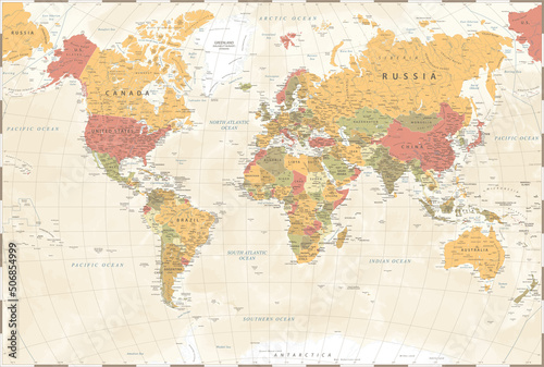 World Map - Vintage Political - Vector Detailed Illustration photo