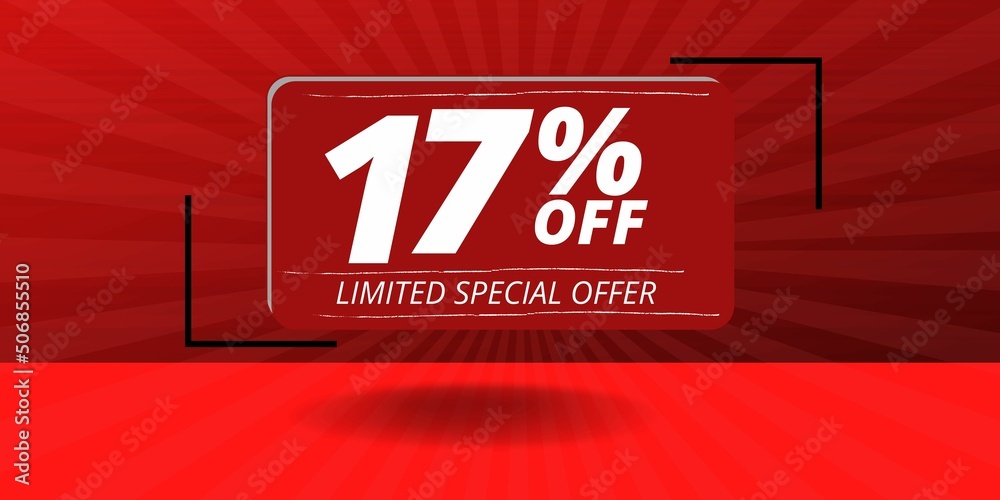 17% off limited special offer. Banner with seventeen percent discount on a red background with white square and red 17% off limited special offer. Banner with seventeen percent discount on a red background with white square and red