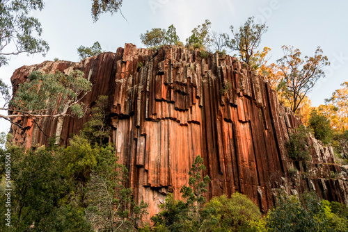 Organ piping columnar basalt rock formation. Sawn Rocks at Mt. Kapatur National Park near Narrabri, NSW, Australia. Rare hexagonal organ piping rock formation - remains of volcanic lava flow