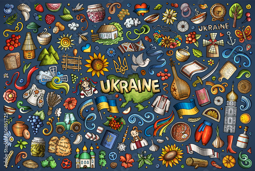Doodle cartoon set of Ukraine objects and symbols photo