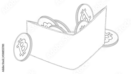 Contour isometric leather wallet with Bitcoin BTC coins isolated on white.