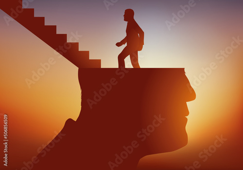Concept de la perte de mémoire, avec un homme dont le crâne se désagrège en symbolisant un cerveau défaillant.