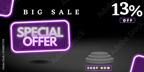 13% off limited special offer. Banner with thirteen percent discount on a black background with purple square