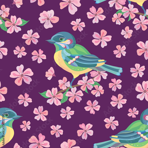 Seamless vector pattern of titmouse and sakura flowers. Decoration print for wrapping  wallpaper  fabric  textile. Spring background.  