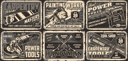 Hand and power tools monochrome posters set
