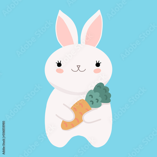 Cute kawaii rabbit bunny. Sweet white rabbit holding carrot. Children animal character. Simple childish hare drawing. Design element for kids goods  textile  etc