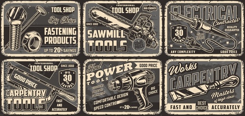Hand tools monochrome posters set