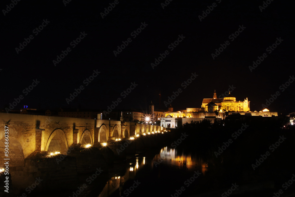 The night view of the Roman bridge in Cordoba, Spain