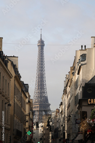 The view of the Eiffel tower from Parisian streets, France 