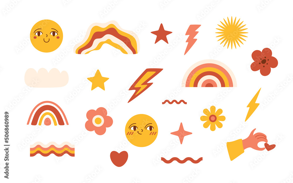 Set of retro graphic elements. Bright objects. Rainbow, flower, lightning, waves, cloud, cute face, sun, stars, hand with heart. Groovy and hippie stickers. Vector isolated illustrations.