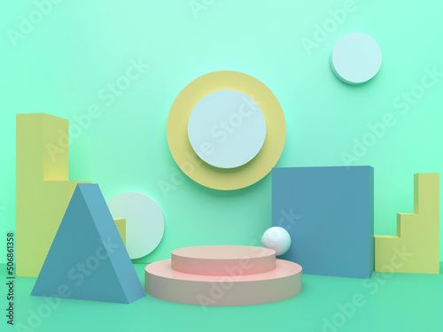 Pink podium surrouned with geometric blocks on pastel green wallpaper. Pedestal for kid product presentation. Geometric 3D render photo