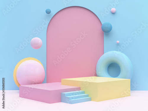 Stage podiums with spheres and rubber rings on pink arch on blue wall. Pedestal for kid product presentation. Geometric 3D render photo