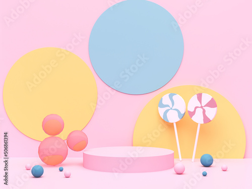 Pink podium with Mickey Mouse head and candy with circles on pink wall. Pedestal for kid product presentation. Geometric 3D render photo