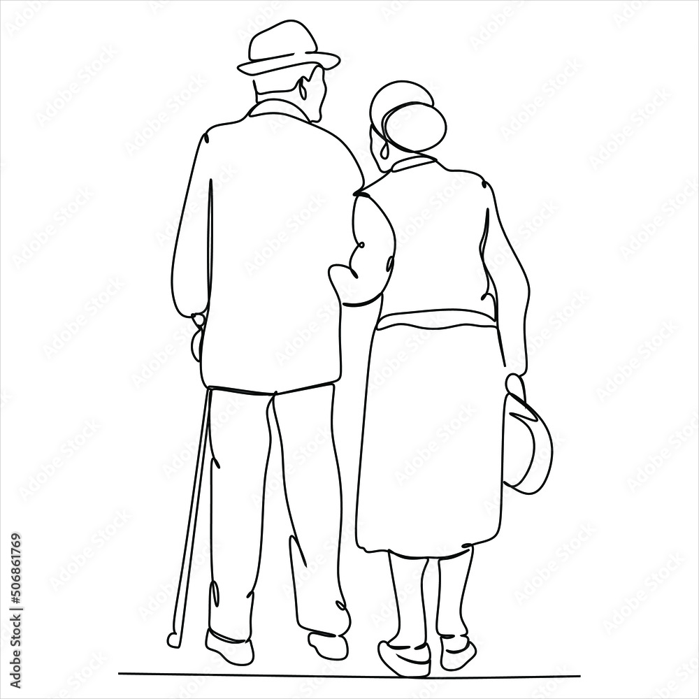 Elderly couple in continuous line art drawing style. Senior man and woman walking together holding hands. Minimalist black linear sketch isolated on white background. Vector illustration
Elderly couple in continuous line art drawing style. Senior man and woman walking together holding hands. Minimalist black linear sketch isolated on white background. Vector illustration