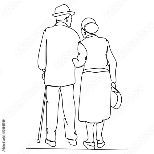 Elderly couple in continuous line art drawing style. Senior man and woman walking together holding hands. Minimalist black linear sketch isolated on white background. Vector illustration
