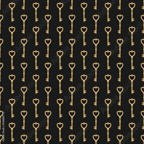Magic golden keys with heart. Vector retro pattern on black . Catch luck, tint, hint concept. Mystery or clue wallpaper. Fairytale, fantasy wonderland background
