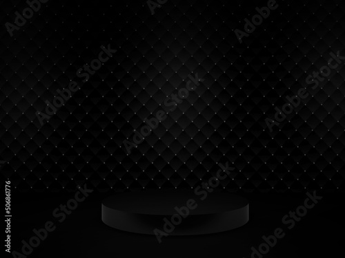 All black stage podium with dots on background. Modern cylender for product advertising display. 3D Render photo