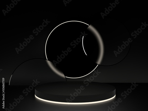 All black stage podium and background with ring and LED light. Modern cylender for product advertising display. 3D Render photo