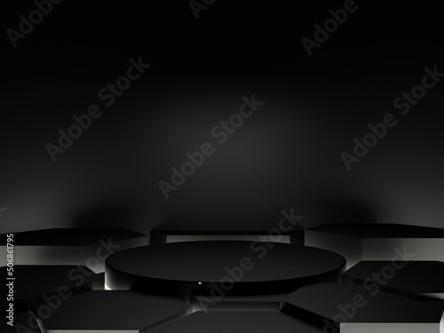 All black stage podium and background with LED light. Modern cylender for product advertising display. 3D Render photo