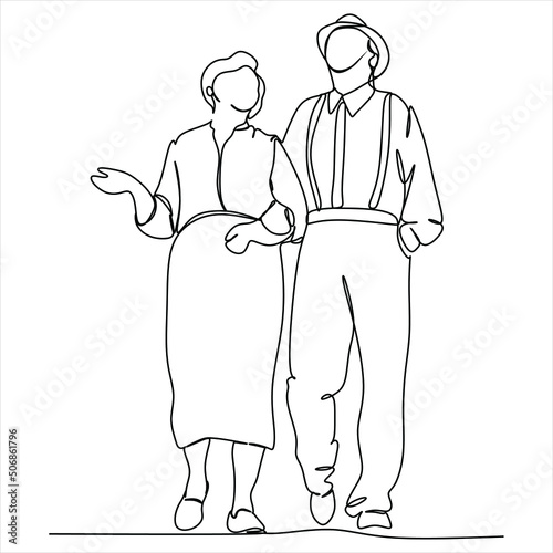Elderly couple in continuous line art drawing style. Senior man and woman walking together holding hands. Minimalist black linear sketch isolated on white background. Vector illustration
