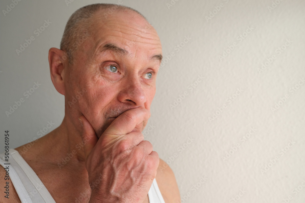 Fototapeta premium close-up of mature charismatic man, senior 60 years surprised, puzzled, shocked by news, event, bright facial expressions, overhang, concept human health, mood, human stress resistance