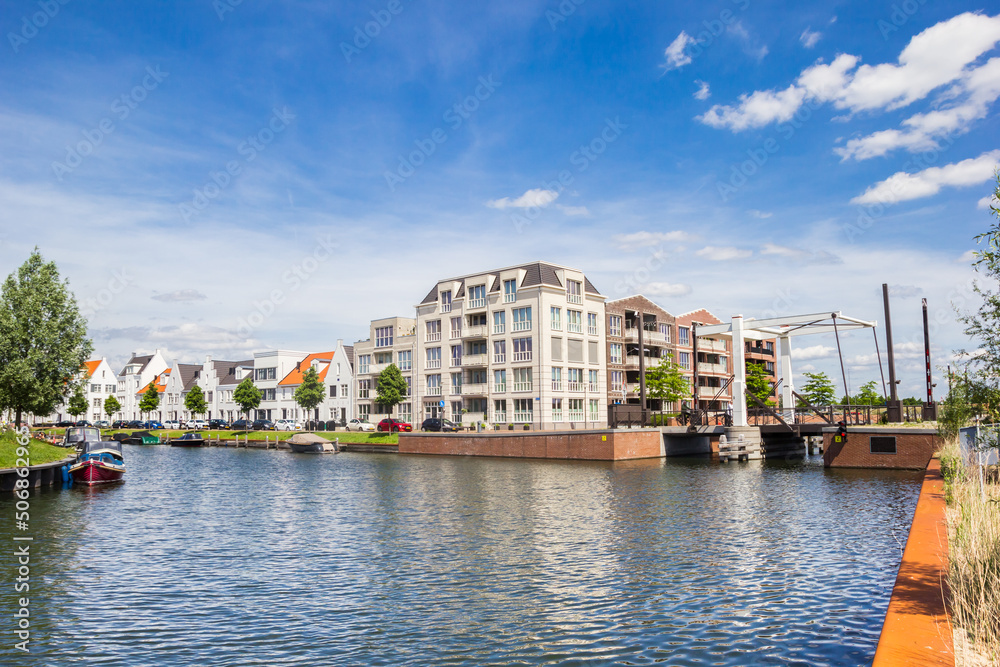 Apartment building and bridge in the historic city of Harderwijk, Netherlands