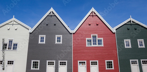 Panorama of colorful facades of traditional dutch houses in Harderwijk, Netherlands