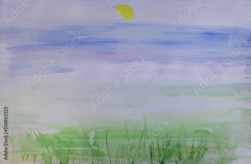 Laconic landscape with rising sun in morning haze. Effortlessness and serenity concept. Minimalistic watercolor artwork. Delicate background. Airy brush strokes texture wallpaper.