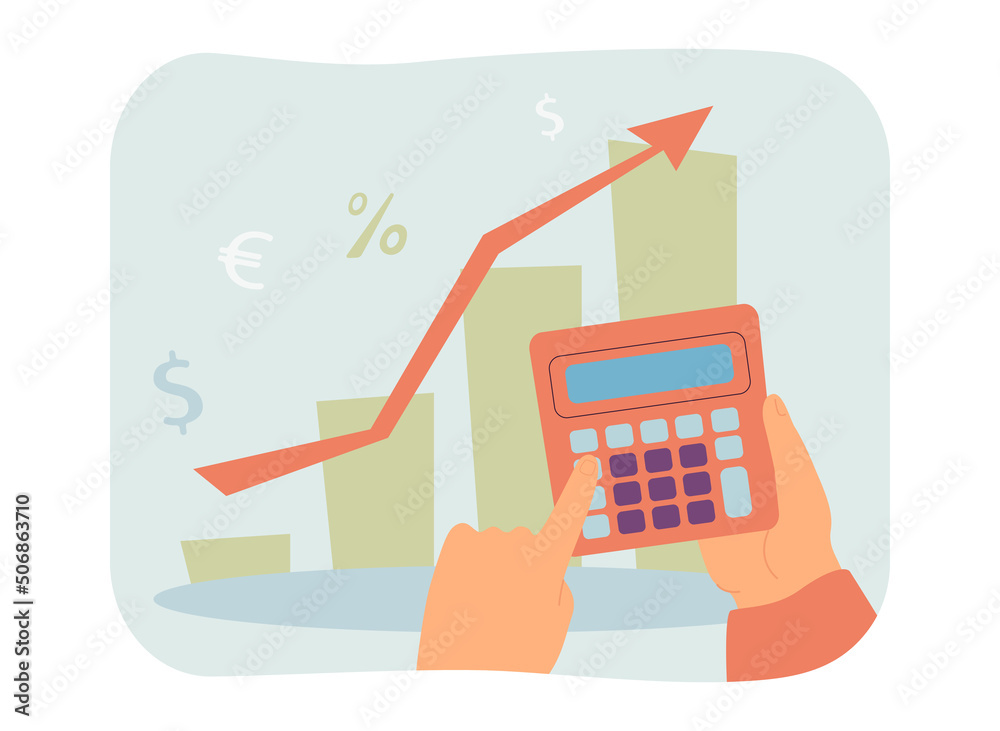 Hands of analyst holding calculator for counting money profits. Growth in income arrow graph of rich person flat vector illustration. Budget concept for banner, website design or landing web page - obrazy, fototapety, plakaty 