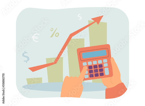 Hands of analyst holding calculator for counting money profits. Growth in income arrow graph of rich person flat vector illustration. Budget concept for banner, website design or landing web page