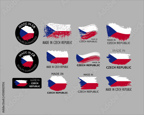 Set of stickers. Made in Czech Republic. Brush strokes shaped with Czech flag. Factory, manufacturing and production country concept. Design element for label and packaging. Vector illustration.