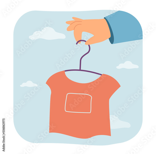 Hand holding stylish shirt on clothes hanger. Slow ethical fashion and conscious eco consumption for person flat vector illustration. Second hand concept for banner, website design or landing web page