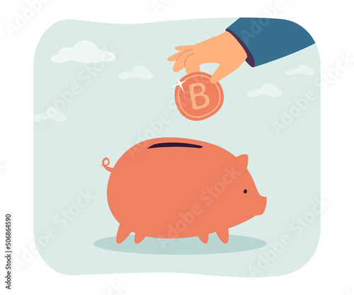 Human hand throwing bitcoin into piggy bank. Person saving digital currency in pig money box flat vector illustration. Investment, account concept for banner, website design or landing web page